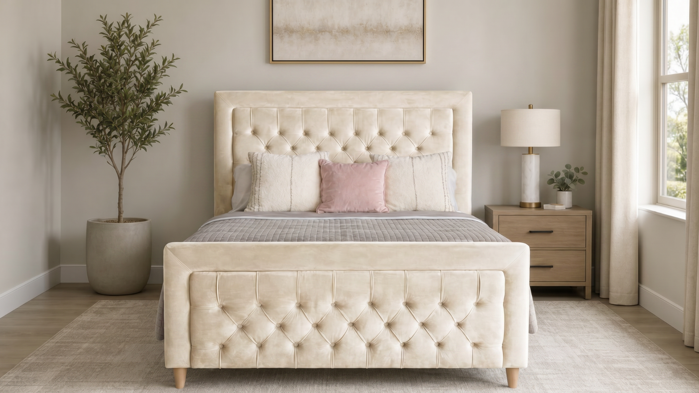 Cambourne 6'0 Super King Storage Oak Legs Velvet Cream Quick Ship