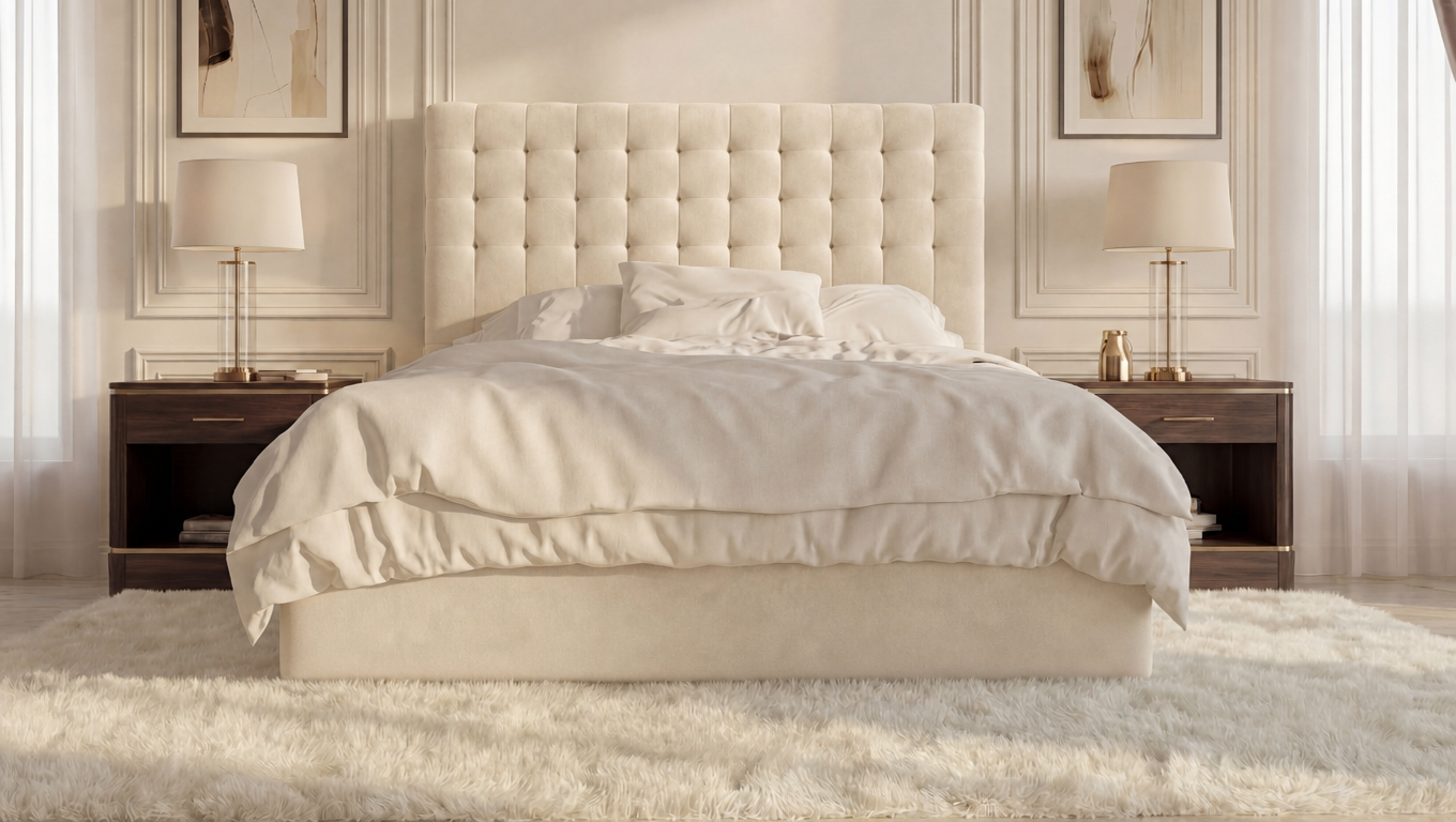 Darling bed in Velvet Cream, 4'6 Double size, front view of the cube-stitched headboard