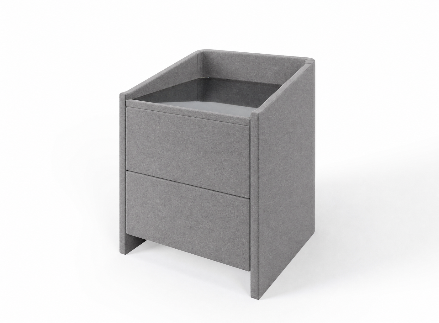 Lydie upholstered bedside table in Grey with glass top and two drawers