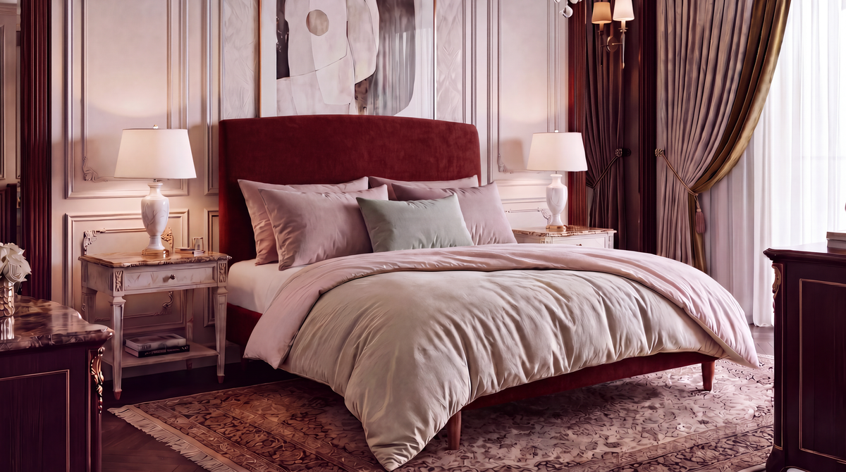 Dreamer king size upholstered bed frame in deep red on slim tapered legs, dressed with a duvet, by The Sleep Co, Quick Ship