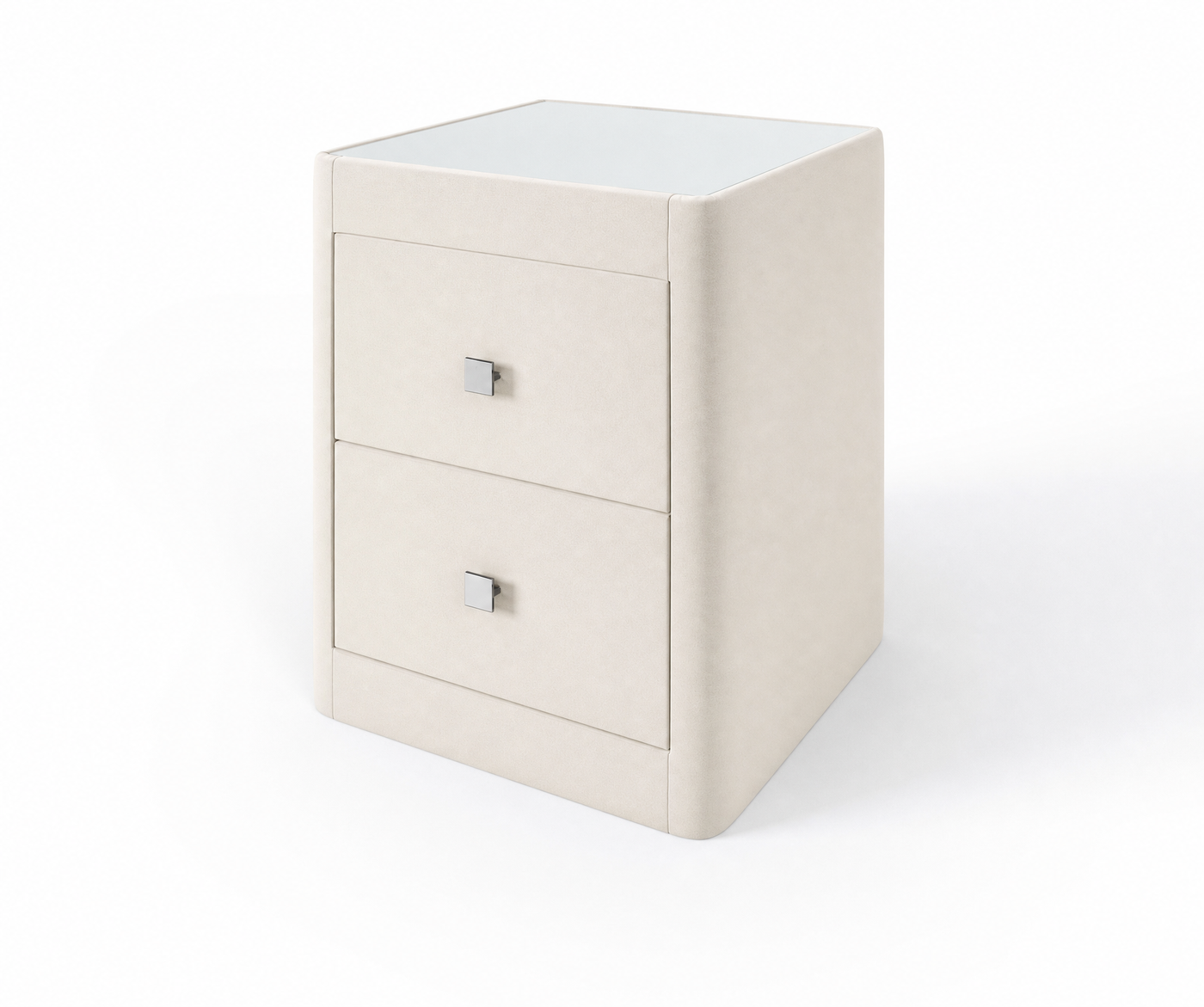 Richmond upholstered bedside table in Pearl with glass top and two drawers