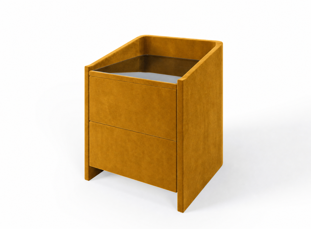 Lydie upholstered bedside table in Velvet Mustard with glass top and two drawers