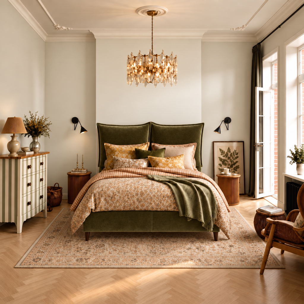 Cambridgeshire Super King 6'0 bed in Velvet Olive with sprung platform base on walnut legs, by The Sleep Co
