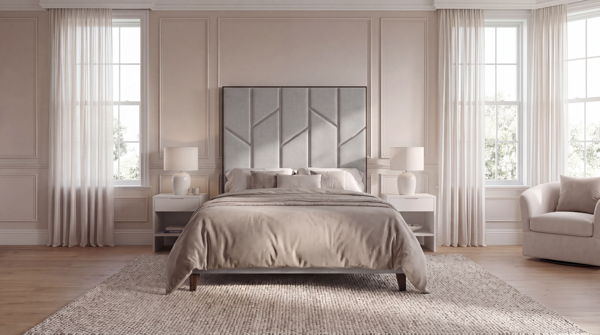 Chelsea 5'0 King bed frame in light grey with silver zigzag trim and walnut legs, front view