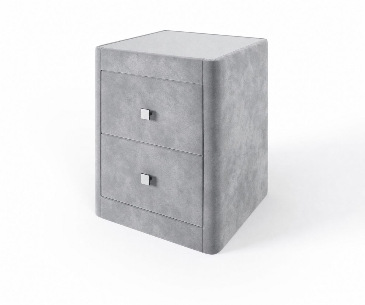 Richmond upholstered bedside table in Marble Silver with glass top and two drawers