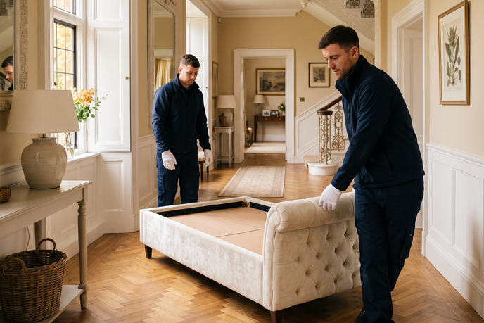 The Sleep Co Expert Installation two man delivery service, installers positioning an upholstered bed