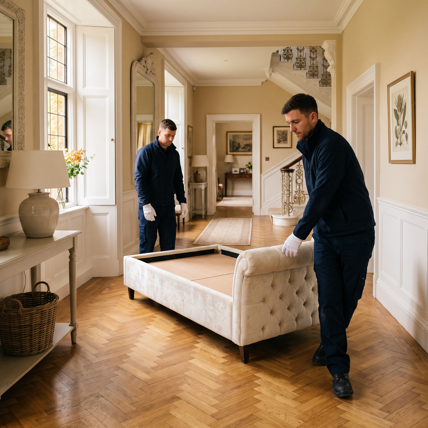 The Sleep Co Expert Installation two man delivery service, installers positioning an upholstered bed
