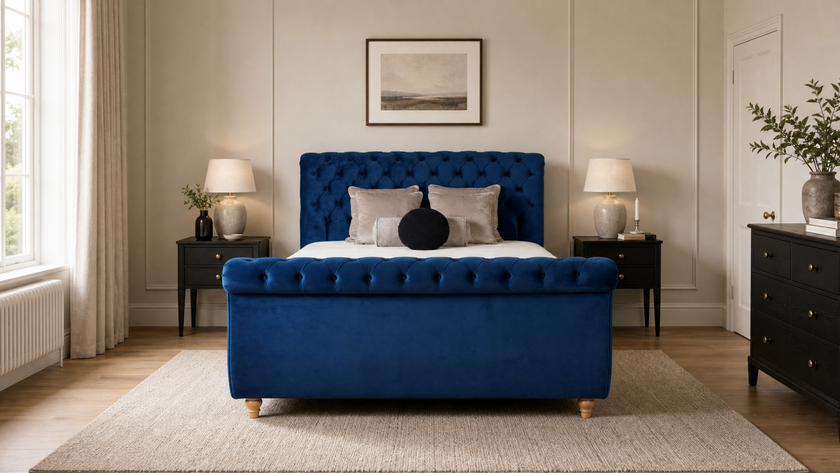Chesterfield 5'0 King Bed frame Velvet Blue Quick Ship