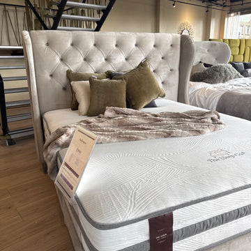 Clearance Bedlington 6’0 Super King Velvet Cream Bedframe Oak Legs
