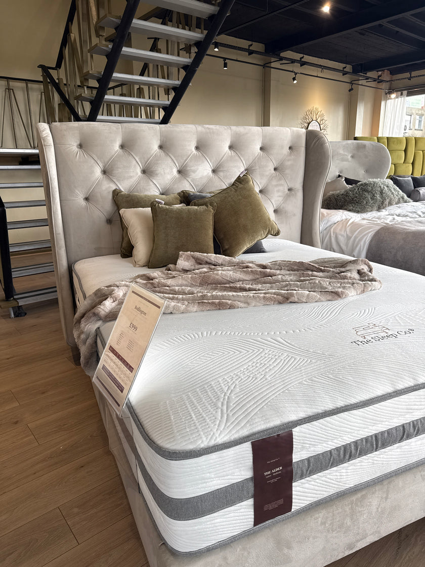Clearance Bedlington 6’0 Super King Velvet Cream Bedframe Oak Legs