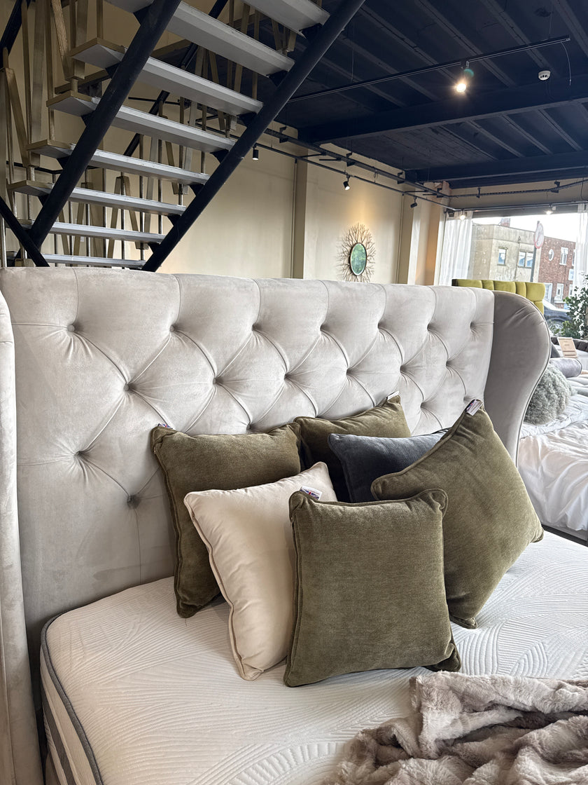 Clearance Bedlington 6’0 Super King Velvet Cream Bedframe Oak Legs