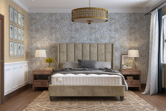 The Harper Bed featuring a wing design with large flutes and plush upholstery