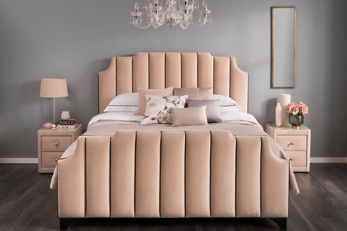 The Art Deco Bed featuring classic geometric patterns and luxurious upholstery