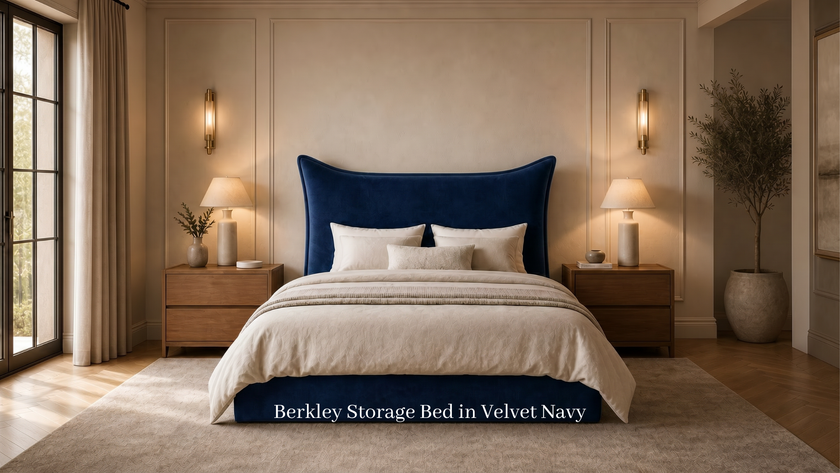 Berkley Pillow Back King 5’0 Manual Storage Bed in Velvet Navy in Stock Quick Ship