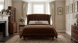 Princess upholstered bed with fluted centre panel, scalloped top edge and curved wraparound wings, 6'0 Super King with electric ottoman base sitting flush to the floor