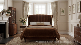 Princess upholstered bed shown in a bedroom setting, deep vertical fluting and forward curling wings, 6'0 Super King