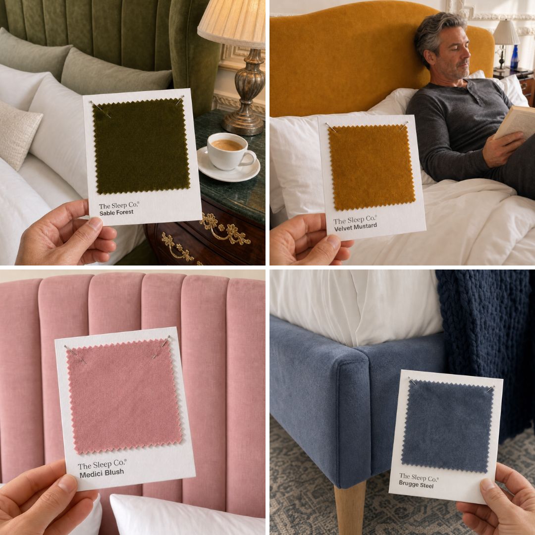 The Sleep Co swatch booklet open on a bed