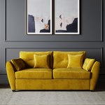 The Sofia Velvet Mustard Sofa Bed featuring elegant upholstery and seamless conversion from sofa to bed