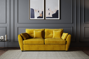 The Sofia Velvet Mustard Sofa Bed featuring elegant upholstery and seamless conversion from sofa to bed