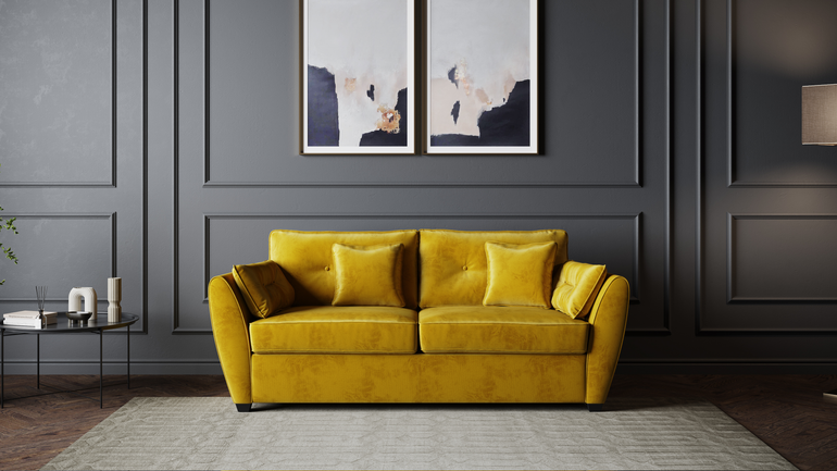 The Sofia Velvet Mustard Sofa Bed featuring elegant upholstery and seamless conversion from sofa to bed