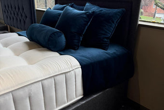 Clearance 4’6’ Double Size Divan Bed with matching Headboard Dark Grey and High Quality 2500ct Medium Feel Memory Foam Mattress