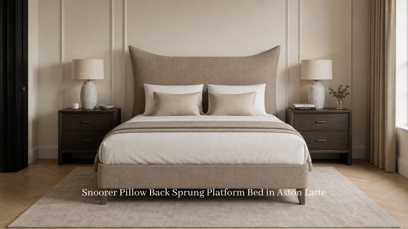 Snorer Pillow Back King 5’0 Sprung Platform Bed in Aston Latte in Stock Quick Ship