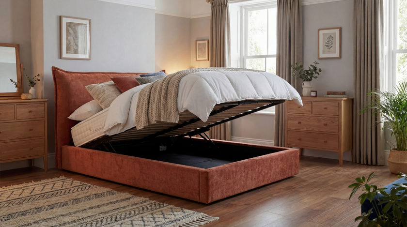 Berkley Pillow Back King 5’0 Manual Storage Bed in Mulberry in Stock Quick Ship