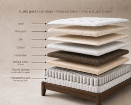 Layer diagram of The Cavendish Natural Firm 4'6 Double mattress: wool, cashgora, silk, cotton, horsehair, 50mm natural latex and 6,405 pocket springs