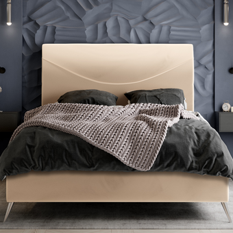 The Essex Bed featuring a sleek sewing pattern in the headboard and stiletto legs with plush upholstery