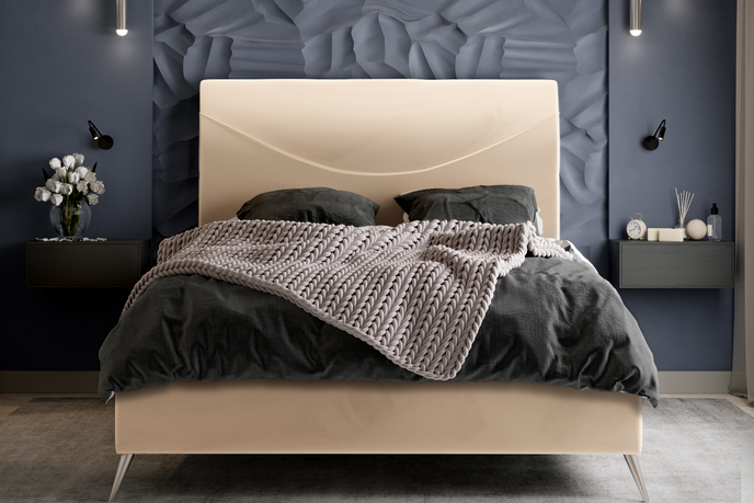 The Essex Bed featuring a sleek sewing pattern in the headboard and stiletto legs with plush upholstery