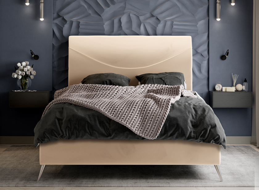 The Essex Bed featuring a sleek sewing pattern in the headboard and stiletto legs with plush upholstery