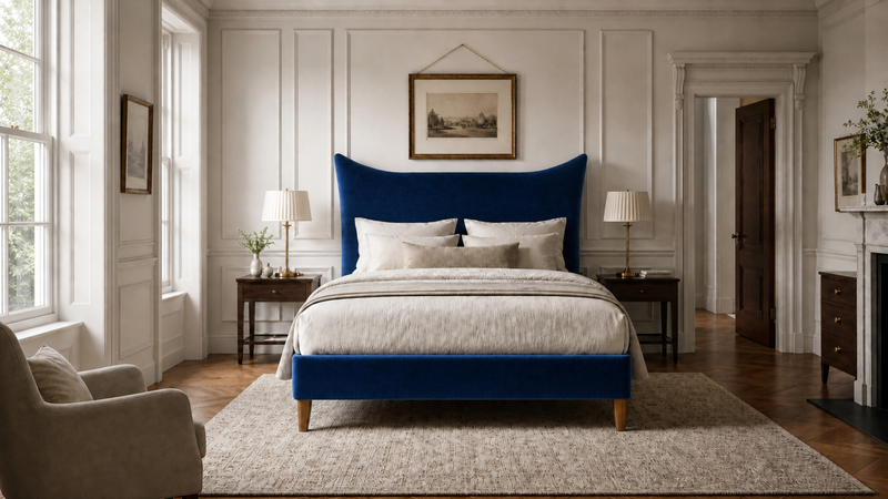 Snorer 5'0 King Bed Frame Oak Legs Velvet Blue Quick Ship