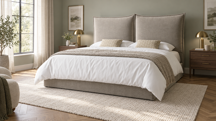 Oxy 6'0 Super King Storage Bed in Aston Silver, pillow style headboard and ottoman base, in a sage green bedroom