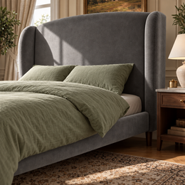 Durham winged headboard in Clearance Grey Plush
