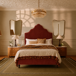 Layla King bed frame in Medici Burnt Sienna with walnut turned legs
