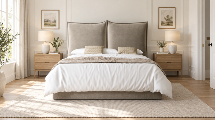 Oxy 5'0 King Storage Bed in Aston Silver, pillow style headboard and ottoman base, in a bright bedroom