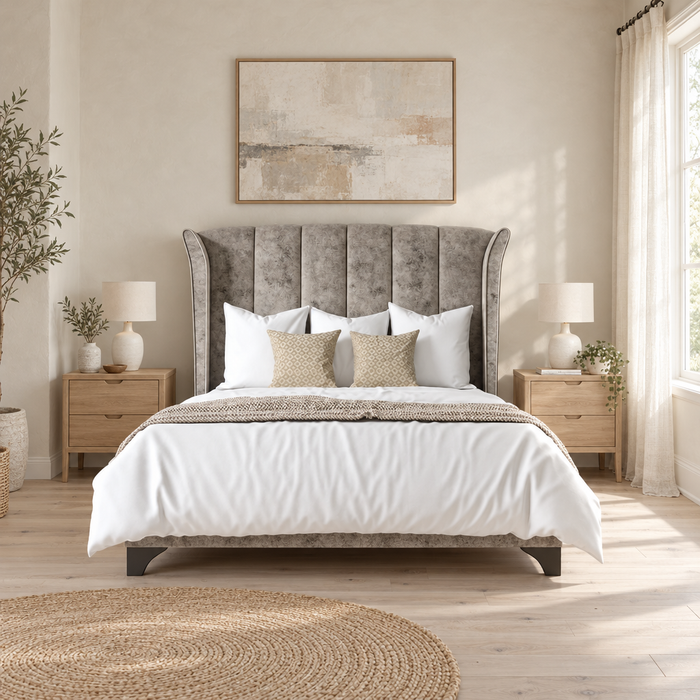Aria 4'6 Double Storage Bed in Marble Silver, fluted winged headboard, in a light Scandinavian bedroom