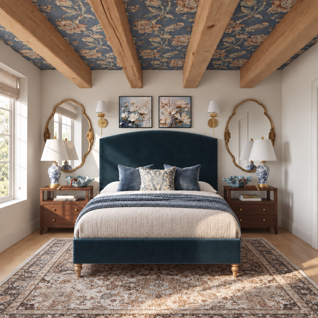 Dreamer King bed frame in Velvet Azure on oak turned legs