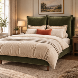 Close up of the Cambridgeshire Super King 6'0 cushioned headboard and base in Velvet Olive on walnut legs