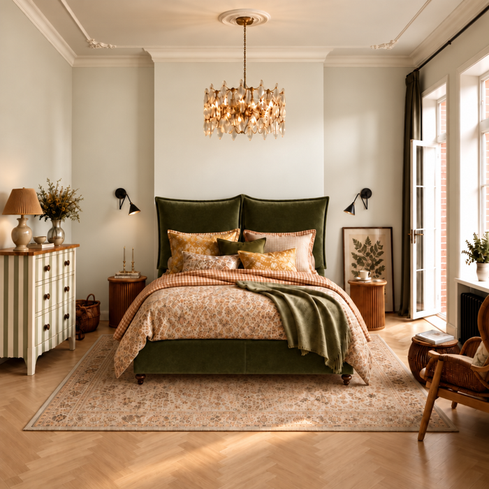 Cambridgeshire Super King bed frame in Velvet Olive on walnut turned legs