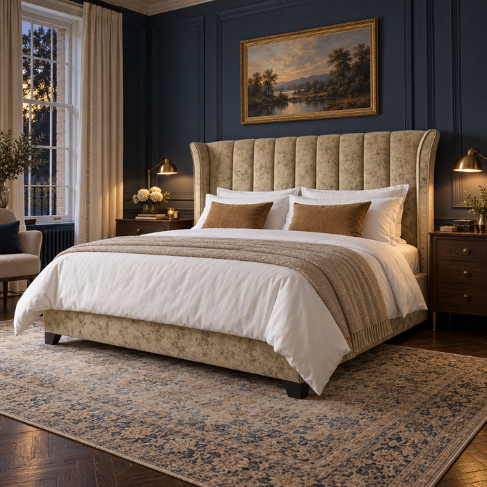 Aria 6'0 Super King Storage Bed in Marble Sand, fluted winged headboard, in a navy panelled bedroom