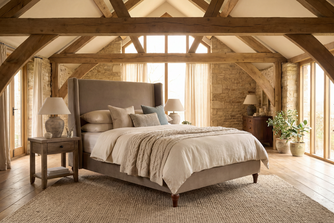 Ashbourne upholstered bed frame styled in an English barn interior