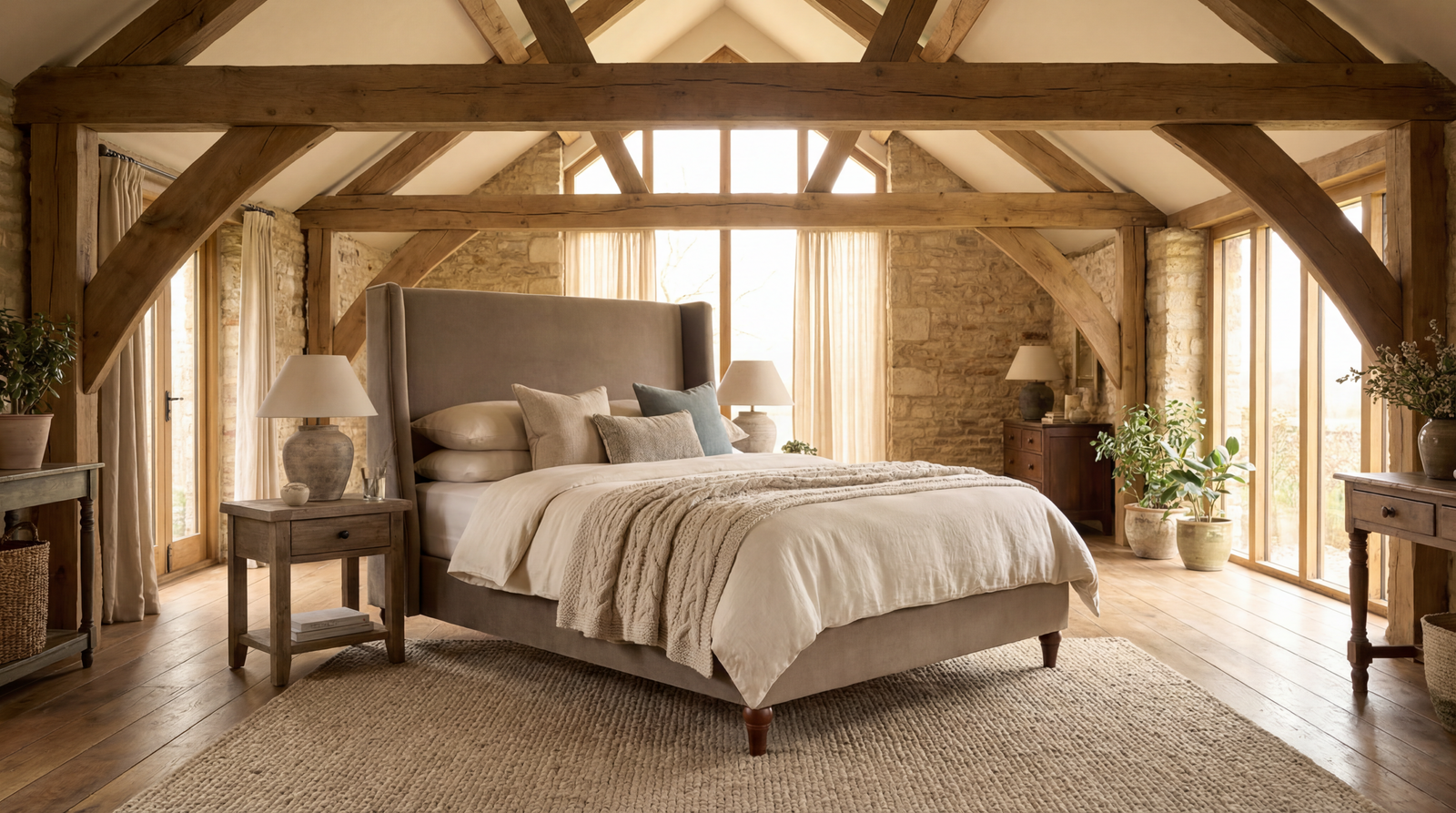 Ashbourne upholstered bed frame styled in an English barn interior
