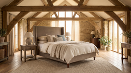 Ashbourne upholstered bed frame styled in an English barn interior