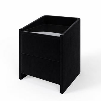 Lydie upholstered bedside table in Velvet Black with glass top and two drawers