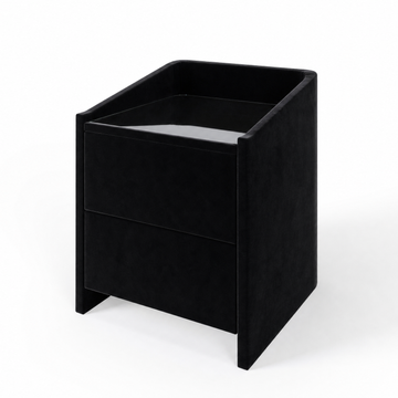 Lydie upholstered bedside table in Velvet Black with glass top and two drawers