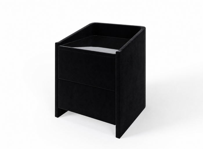 Lydie upholstered bedside table in Velvet Black with glass top and two drawers