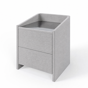 Lydie upholstered bedside table in Brugge Silver with glass top and two drawers