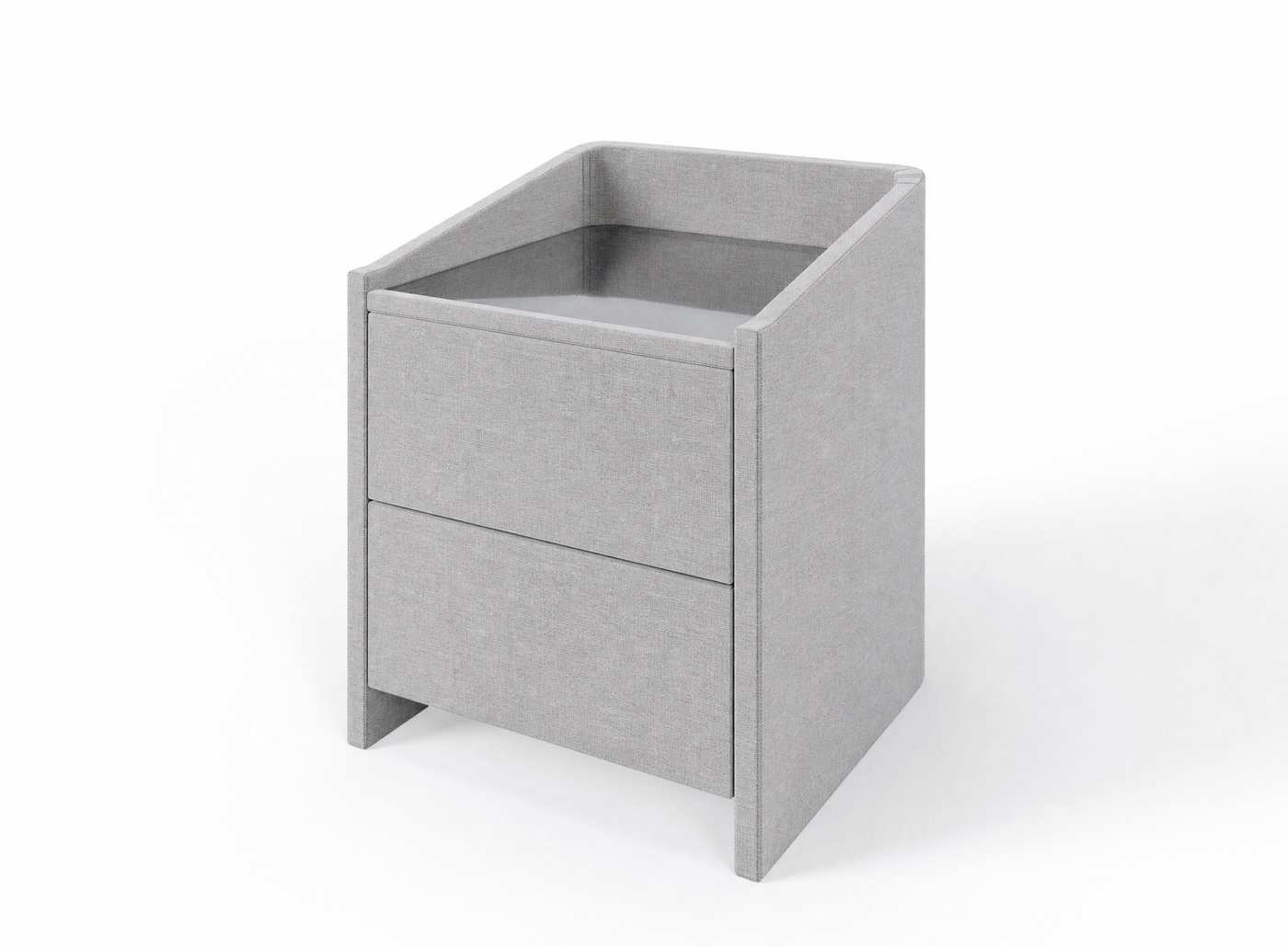 Lydie upholstered bedside table in Brugge Silver with glass top and two drawers