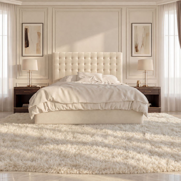 Darling bed in Velvet Cream, 4'6 Double size, front view of the cube-stitched headboard